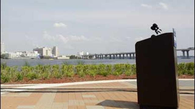 A podium in front of the St. Johns River in Jacksonville, Fla., prior to the arrival of Barack Obama 