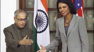 U.S. Secretary of State Condoleezza Rice shakes hands with Indian Foreign Minister Pranab Mukherjee in New Delhi 