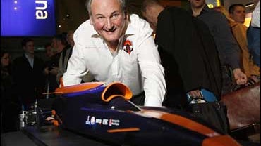Britain's pilot and project director Richard Noble seen, beside a model of the Bloodhound SSC supercar, in west London, on Oct. 23, 2008. 