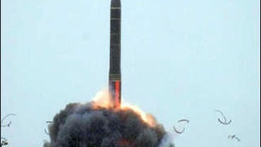 RS-24 intercontinental ballistic missile being launched 