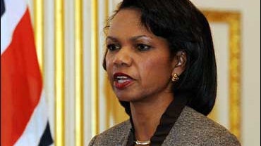 U.S. Secretary of State Condoleezza Rice at a joint press conference with U.K. Foreign Secretary David Miliband in London. 