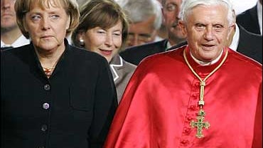 Pope Benedict XVI, center, meets with German Chancellor Angela Merkel at the Munich Residence 