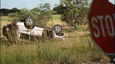 The wrecked vehicle in which Zimbabwean prime minister Morgan Tsvangirai was injured and his wife Susan was killed. 