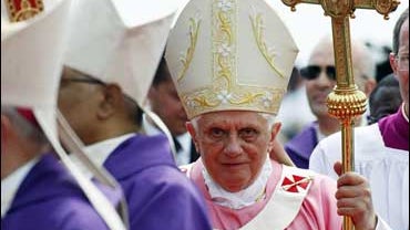 Pope Benedict XVI arrives to celebrate a Mass Sunday, March 22, 2009, on the outskirts of Angola's seaside capital, Luanda, the last major event before the end of the visit on Monday. 