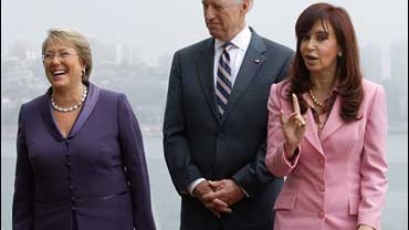 Argentina's President Cristina Fernandez de Kirchner, right, Chile's President Michelle Bachelet, left, and U.S. Vice President Joe Biden 
