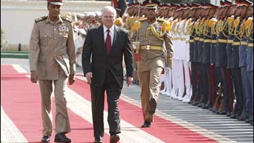 U.S. Defense Secretary Robert Gates, second right, inspects an honor guard with Egyptian Minister of Defense Mohamed Tantawi at the Ministry of Defense in Cairo 