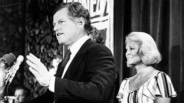 Sen. Edward M. Kennedy, D-Mass., accompanied by his wife, Joan, withdraws his bid from the 1980 Democratic presidential nomination on the first day of the Democratic National Convention in New York City, Aug. 11, 1980. 