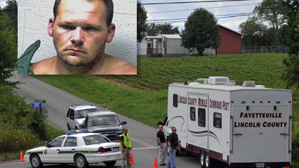 A booking photo of Jacob Shaffer (inset), and the crime scene in Fayetteville, Tenn., Saturday, July 18, 2009, where Shaffer's wife her son, and three others were found dead. 