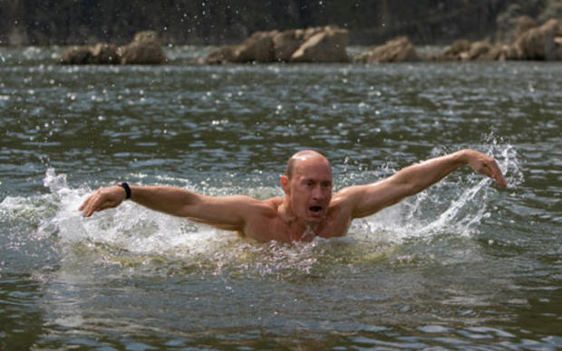 Vladimir Putin swims while traveling in the mountains 