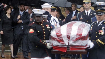 Victoria Kennedy, widow of Sen. Edward Kennedy, far left, follows the casket from the church after Roman Catholic funeral Mass for Sen. Edward Kennedy at Our Lady of Perpetual Hope Basilica in Boston, Saturday, Aug., 29, 2009. 
