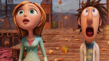 Characters Sam Sparks, voiced by Anna Faris, and Flint Lockwood, voiced by Bill Hader, are shown in a scene from Columbia Pictures' "Cloudy With A Chance of Meatballs." 