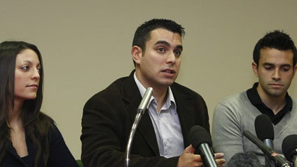 From left, Stephanie Kercher, sister, John Kercher, brother, and Lyle Kercher, brother of slain British student Meredith Kercher meet the journalists during a press conference in Perugia, Italy, Saturday, Dec. 5, 2009. 