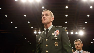 Gen. Stanley McChrystal, Commander of the International Security Assistance Force and Commander of U.S. Forces Afghanistan, arrives to testify before the Senate Armed Services Committee on Capitol Hill in Washington, Tuesday, Dec. 8, 2009. (AP Photo/Geral 