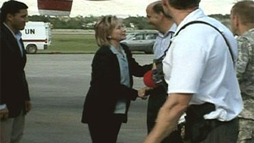 Secretary of State Hillary Rodham Clinton arrives at the Port-au-Prince airport in Haiti, January 16, 2010. 