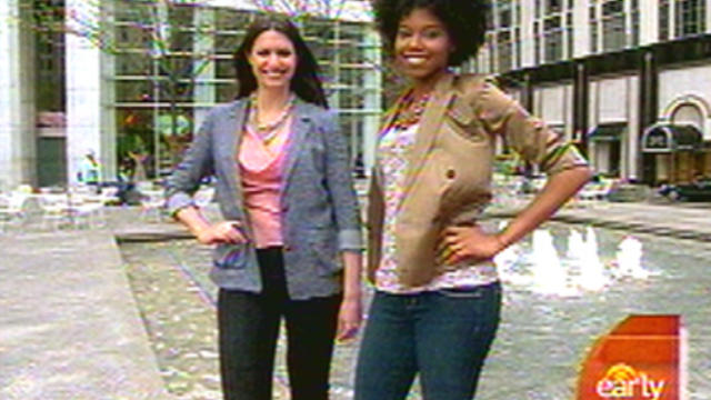 Models on "The Early Show" sports slimming jeans:  Miraclebody's Skinny Minnie Jeans (left) and J.Brand's Boot Leg in Dark Vintage with XFIT Lycra.  