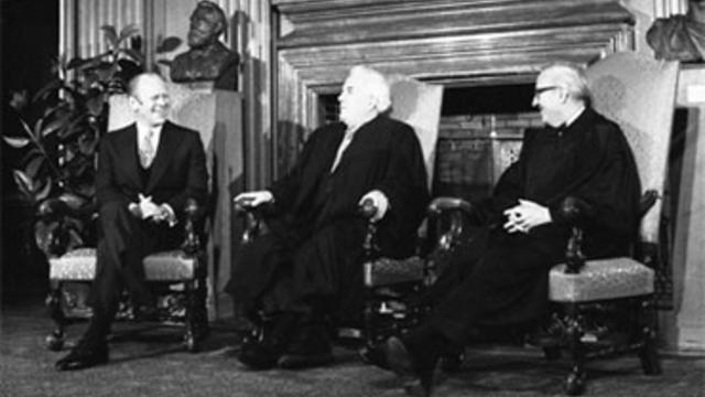 President Gerald Ford with Supreme Court Chief Justice Warren Burger and Associate Justice John Paul Stevens, December 19, 1975. 