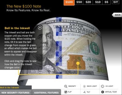 Flash is good at handling things like this view of a U.S. Treasury Department swoopy animated tour of the new $100 bill design. iPad and iPhone users won't be able to view or interact with it. But it requires a plug-in that can sap a CPU's power and is blamed for many browser crashes. 