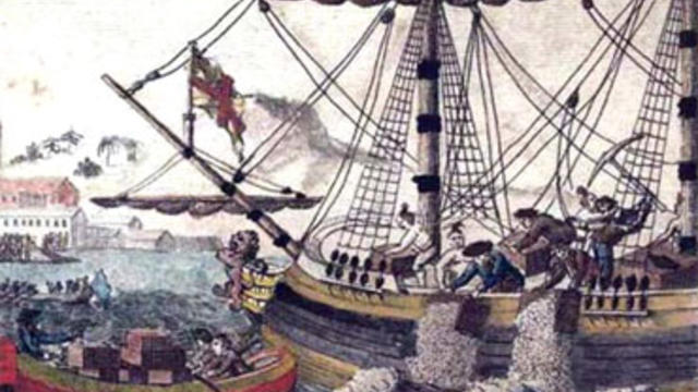 Tossing the tea overboard: W.D. Cooper's 1789 illustration of the Boston Tea Party.   