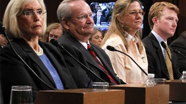 From left, Lilly Ledbetter, Jack Gross, Jennifer Gibbins and Capt. Flagg Youngblood testify on Capitol Hill in Washington, Thursday, July 1, 2010, before the Senate Judiciary Committee hearing for Supreme Court nominee Elena Kagan. (AP Photo/Pablo Martine 