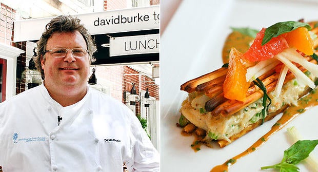 David Burke in front of David Burke Townhouse in New York City with a healthy remake of his pretzel crusted crab cake classic. 