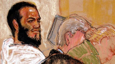 Courtroom sketch of Canadian Guantanamo defendant Omar Khadr, left, during his pretrial hearing, Aug. 9, 2010. the trial for Khadr, the youngest Gitmo detainee, begins Tuesday. He is accused killing a U.S. soldier with a grenade during a 2002 firefight in 