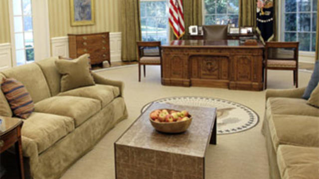 Renovations to the Oval Office, including a new carpet, wallpaper and furniture, are seen, Tuesday, Aug. 31, 2010, at the White House in Washington. 