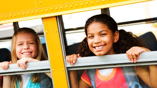 school bus, kids, children, happy, smiling 