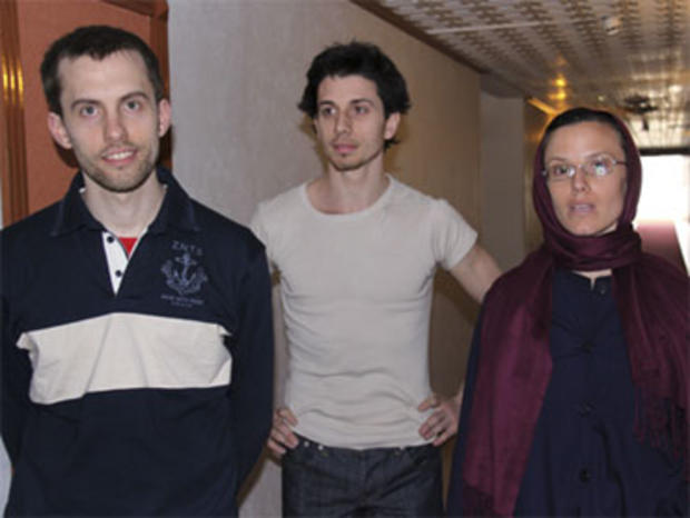 American hikers Shane Bauer, left, Josh Fattal and Sarah Shourd stand prior to meeting with their mothers at the Esteghlal hotel in Tehran, May 21, 2010. 