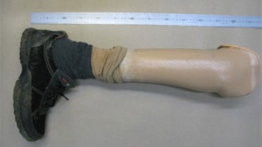 In this photo released by Danish police Monday Sept. 13 2010, shows a  prosthetic leg believed to belong to the man who was arrested in a park in Copenhagen on Friday after allegedly setting off a small explosion in the bathroom of a hotel where he had be 