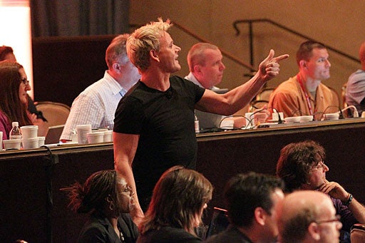 BEVERLY HILLS, CA - AUGUST 02: Judge/Executive Producer Gordon Ramsay speaks in the audience during the 'Master Chef' panel for the FOX portion of the summer Television Critics Association press tour at the Beverly Hilton Hotel on August 2, 2010 in Beverly Hills, California. (Photo by Frederick M. Brown/Getty Images) 