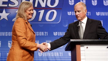 Republican gubernatorial candidate Meg Whitman, left, shakes hands with her Democratic opponent, Jerry Brown, before the start of their second debate held at California State University, Fresno in Fresno, Calif., Saturday, Oct. 2, 2010. 