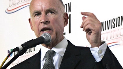 Democratic gubernatorial candidate Jerry Brown answers questions concerning his debate with his GOP opponent Meg Whitman at California State University, Fresno, in Fresno, Calif., Saturday, Oct. 2, 2010. 