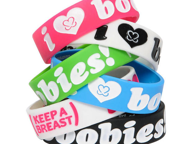 I (Heart) Boobies bracelets hope to raise money for breast cancer. 