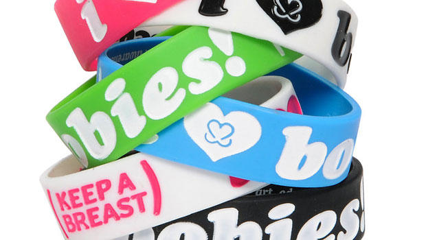 I (Heart) Boobies bracelets hope to raise money for breast cancer. 