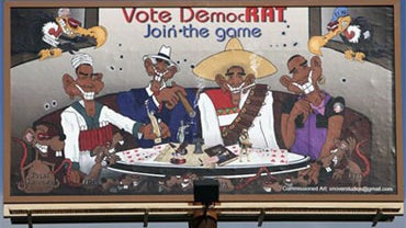This photo taken Oct. 12, 2010 shows a billboard along an Interstate 70 business loop in Grand Junction, Colo. that uses caricatures to depict President Barack Obama as a terrorist, gangster, Mexican bandit and a gay man. The billboard has drawn bipartisa 