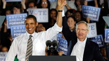 President Barack Obama and Senate Majority Leader Harry Reid, D-Nev., appear at a campaign rally at Orr Middle School Park October 22, 2010 in Las Vegas, Nevada.  