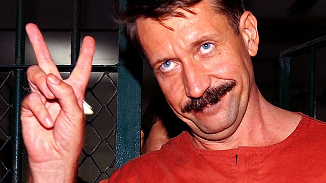 Viktor Bout showing a victory sign after his verdict at the Criminal Court in Bangkok after a Thai court rejected a request by the US for his extradition. 