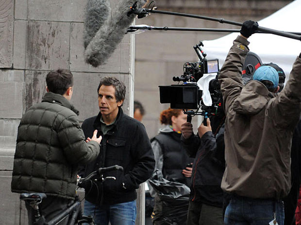 Actors Casey Affleck, left, and Ben Stiller film a scene from the film "Tower Heist" on Tuesday, Nov. 16, 2010 in New York. (AP Photo Darla Khazei) 