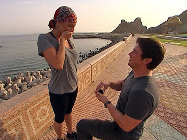 Chad  Waltrip proposes to Stephanie Smith in Oman on the Nov. 14  episode of "The Amazing Race." (CBS Photo) 