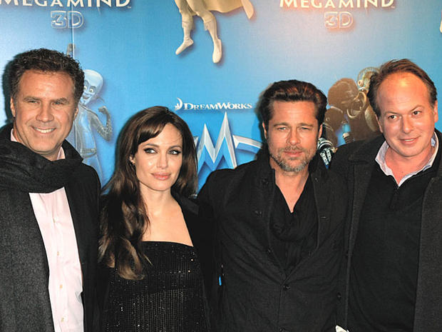 .S actor Will Ferrell, left, with actress Angelina Jolie, Brad Pitt, center, and Director Tom McGrath when they attended the 'Megamind' film French premiere on Monday, Nov. 29, 2010 in Paris. (AP Photo/Jacques Brinon ) 