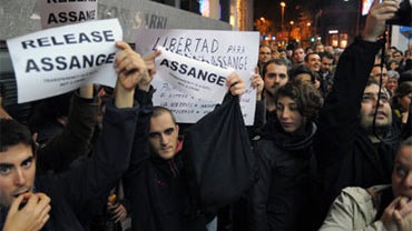 Supporters of WikiLeaks demonstrate to support WikiLeaks founder Julian Assange in Barcelona, on December 11, 2010. 