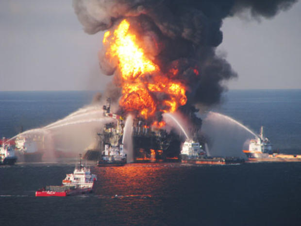 Fire flaring on BP's Deepwater Horizon oil rig in Gulf of Mexico. Explosion ripped through it in Oct. 2010. 