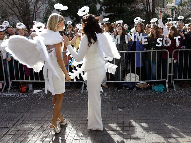 Miss America contestants wait for the start of the "Show Us Your Shoes" parade, Jan. 14, 2011, in Las Vegas. 