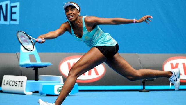 Venus Williams of the US plays a stroke during her women's singles match against Sara Errani of Italy on the first day of the Australian Open tennis tournament. in Melbourne on January 17, 2011. Williams won 6-3, 6-2. IMAGE STRICTLY RESTRICTED TO EDITORIA 