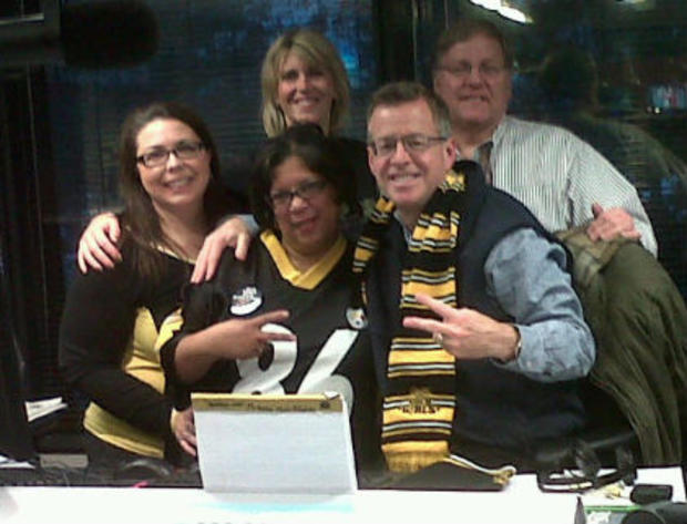 Larry, John, and a few of the Black n Gold Girls in the KDKA AM Studio! 