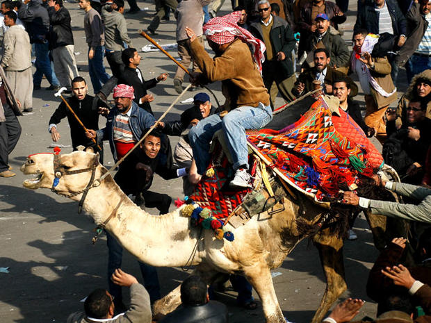 Cairo protesters clash with a camel rider 