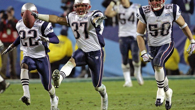 Patriots strong safety Rodney Harrison (37) celebrates his interception 