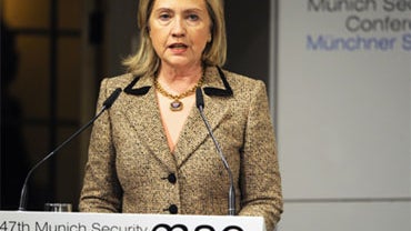 US Secretary of State Hillary Clinton addresses the 47th Munich Security Conference at the Bayerischer Hof hotel in the southern German city of Munich, February 5, 2011.  