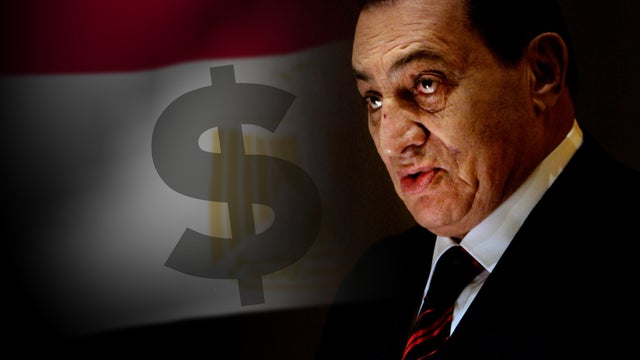 Hosni Mubarak headshot over Egypt flag and money sign 