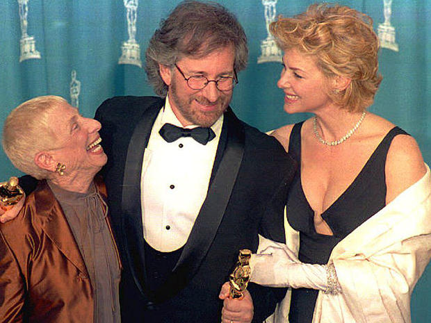 director Steven Spielberg (C) poses with his wife actress Kate Capshaw (R) and his mother Leah Adler (L) during the 66th Annual Academy Awards ceremony after winning... Read more 